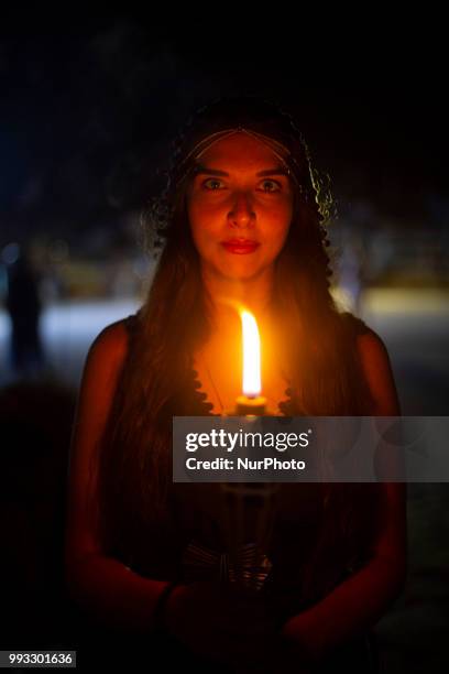 23rd Prometheia festival in Litochoro, Greece. Torchlight procession to celebrate the ancient Greek gods at the foothills of Mount Olympus. The...