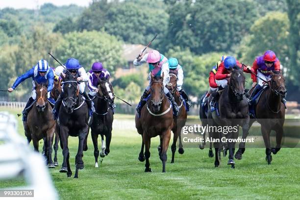 James Doyle riding Awsometank win The Coral Distaff at Sandown Park on July 7, 2018 in Esher, United Kingdom.