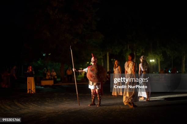 23rd Prometheia festival in Litochoro, Greece. Torchlight procession to celebrate the ancient Greek gods at the foothills of Mount Olympus. The...