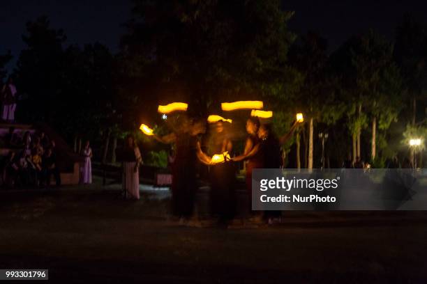 23rd Prometheia festival in Litochoro, Greece. Torchlight procession to celebrate the ancient Greek gods at the foothills of Mount Olympus. The...