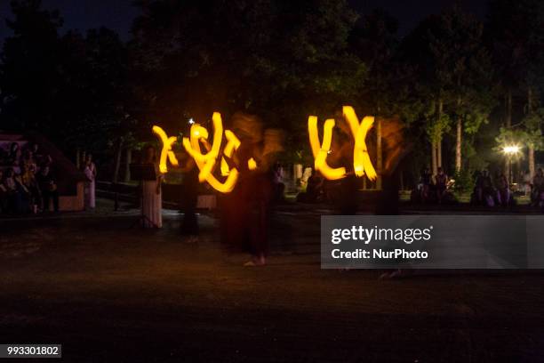 23rd Prometheia festival in Litochoro, Greece. Torchlight procession to celebrate the ancient Greek gods at the foothills of Mount Olympus. The...