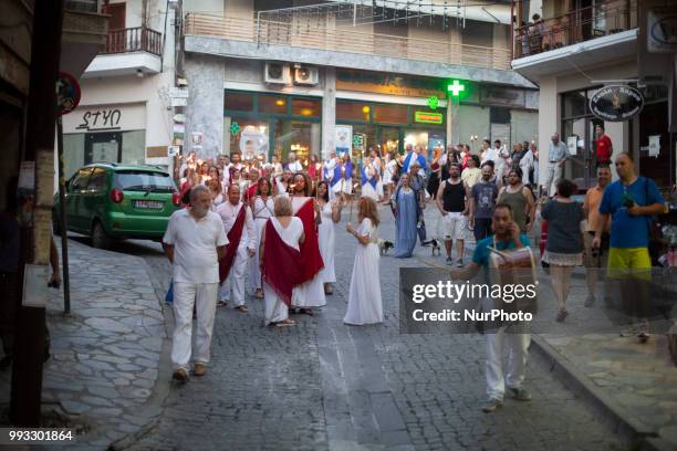 23rd Prometheia festival in Litochoro, Greece. Torchlight procession to celebrate the ancient Greek gods at the foothills of Mount Olympus. The...