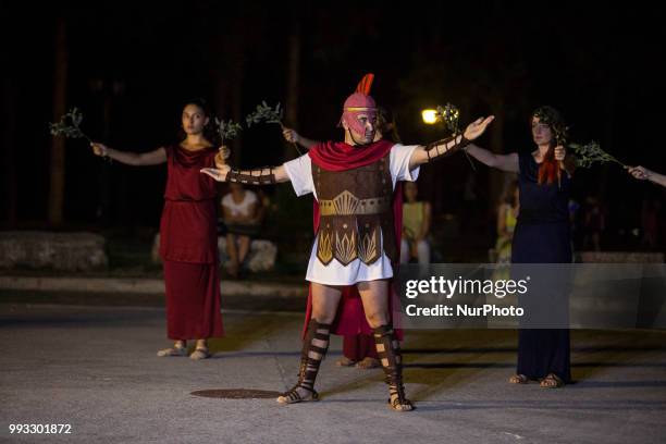 23rd Prometheia festival in Litochoro, Greece. Torchlight procession to celebrate the ancient Greek gods at the foothills of Mount Olympus. The...