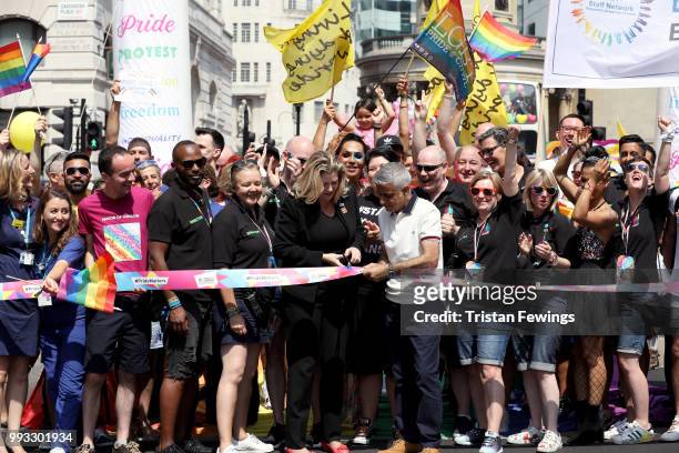 Mayor of London Sadiq Khan opens the Pride In London parade on July 7, 2018 in London, England. It is estimated over 1 million people will take to...