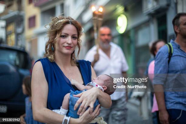 23rd Prometheia festival in Litochoro, Greece. Torchlight procession to celebrate the ancient Greek gods at the foothills of Mount Olympus. The...