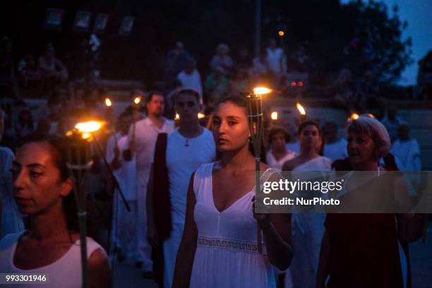 23rd Prometheia festival in Litochoro, Greece. Torchlight procession to celebrate the ancient Greek gods at the foothills of Mount Olympus. The...