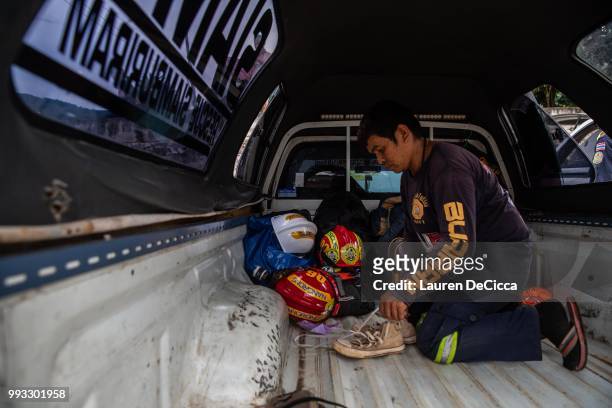 Base camp for rescue workers who are building dams along the mountain side on July 7, 2018 in Chiang Rai, Thailand. The 12 boys and their soccer...