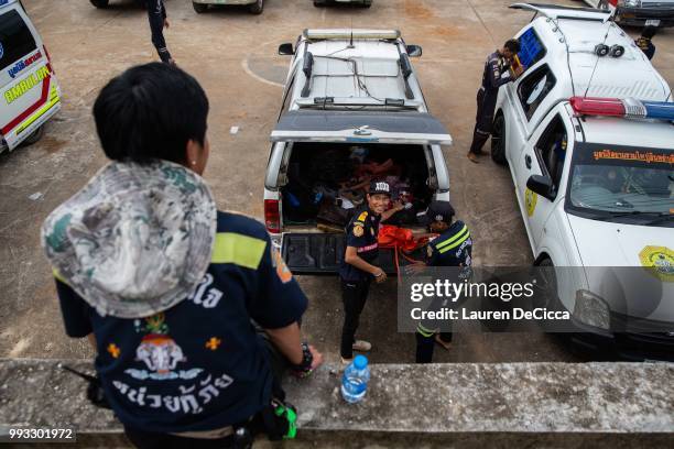 Base camp for rescue workers who are building dams along the mountain side on July 7, 2018 in Chiang Rai, Thailand. The 12 boys and their soccer...