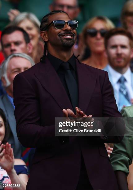 Boxer David Haye attends day six of the Wimbledon Lawn Tennis Championships at All England Lawn Tennis and Croquet Club on July 7, 2018 in London,...