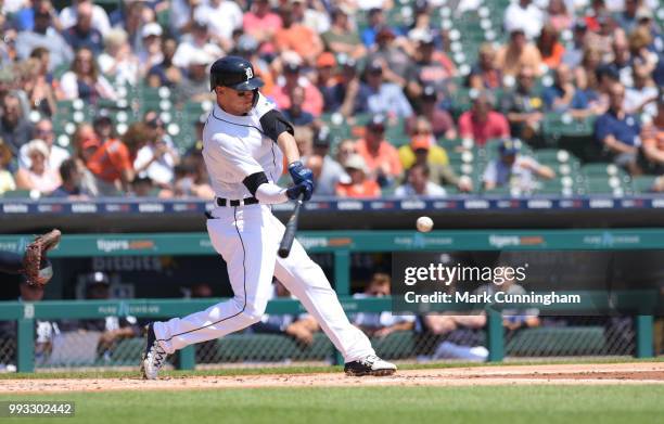 JaCoby Jones of the Detroit Tigers bats during the game against the Cleveland Indians at Comerica Park on May 16, 2018 in Detroit, Michigan. The...