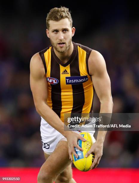 Jonathan O'Rourke of the Hawks warms up during the 2018 AFL round 16 match between the Western Bulldogs and the Hawthorn Hawks at Etihad Stadium on...