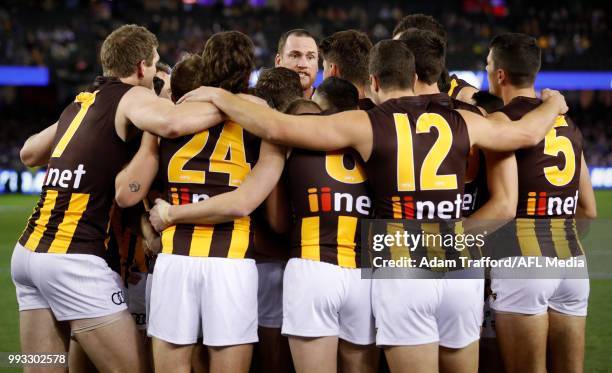 Jarryd Roughead of the Hawks addresses his teammates during the 2018 AFL round 16 match between the Western Bulldogs and the Hawthorn Hawks at Etihad...