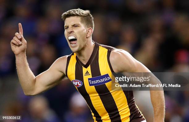 Luke Breust of the Hawks celebrates a goal during the 2018 AFL round 16 match between the Western Bulldogs and the Hawthorn Hawks at Etihad Stadium...