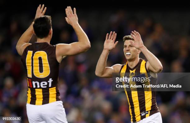 Luke Breust of the Hawks celebrates a goal with Jaeger O'Meara of the Hawks during the 2018 AFL round 16 match between the Western Bulldogs and the...