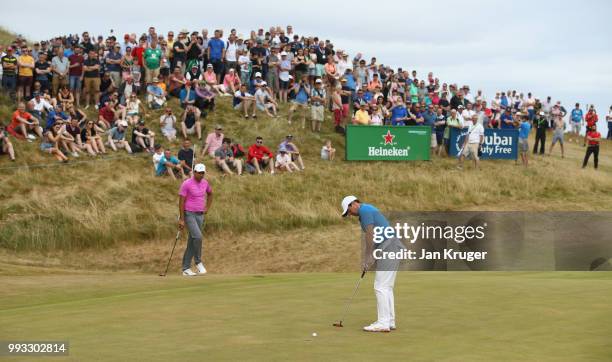 Rory McIlroy of Northern Ireland putts on the sixth green during the third round of the Dubai Duty Free Irish Open at Ballyliffin Golf Club on July...