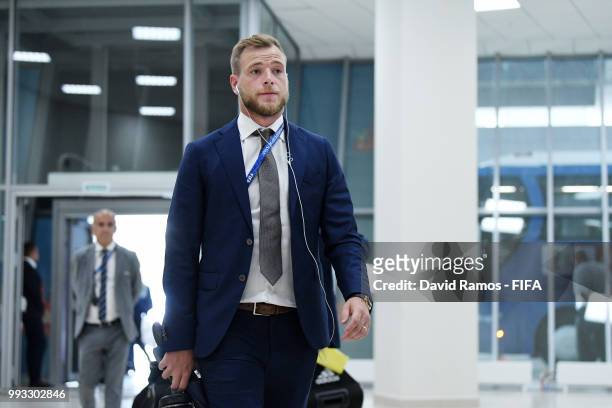 John Guidetti of Sweden arrives at the stadium prior to the 2018 FIFA World Cup Russia Quarter Final match between Sweden and England at Samara Arena...
