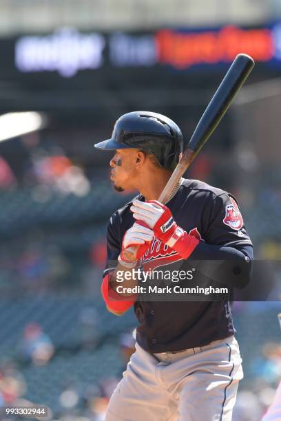 Francisco Lindor of the Cleveland Indians bats during the game against the Detroit Tigers at Comerica Park on May 16, 2018 in Detroit, Michigan. The...