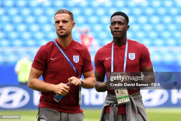 Jordan Henderson and Danny Welbeck of England look on during pitch inspection prior to the 2018 FIFA World Cup Russia Quarter Final match between...