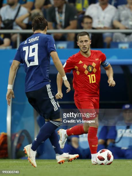 Hiroki Sakai of Japan, Eden Hazard of Belgium during the 2018 FIFA World Cup Russia round of 16 match between Belgium and Japan at the Rostov Arena...