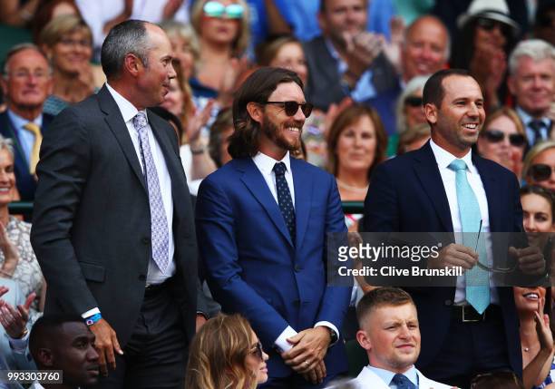 Golfers Matt Kuchar, Tommy Fleetwood and Sergio Garcia attend day six of the Wimbledon Lawn Tennis Championships at All England Lawn Tennis and...