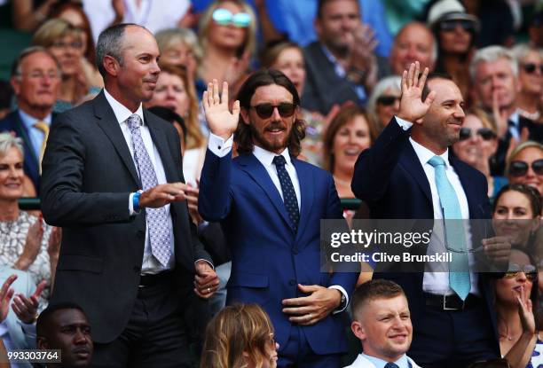 Golfers Matt Kuchar, Tommy Fleetwood and Sergio Garcia attend day six of the Wimbledon Lawn Tennis Championships at All England Lawn Tennis and...