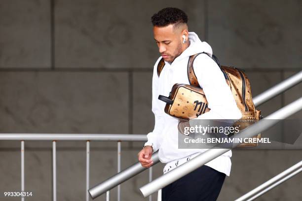 Brazil's forward Neymar leaves his team's hotel in Kazan on July 7 a day after the five-time champions crashed out of the Russia 2018 World Cup...