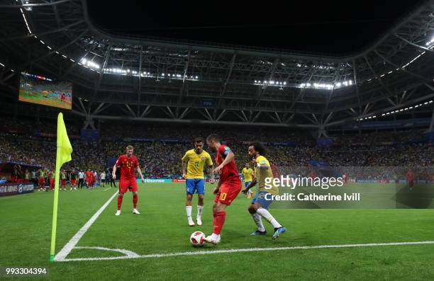 General view of Eden Hazard under pressure during the 2018 FIFA World Cup Russia Quarter Final match between Brazil and Belgium at Kazan Arena on...
