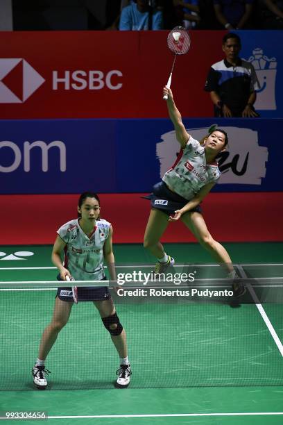 Misaki Matsutomo and Ayaka Takahashi of Japan compete against Yuki Fukushima and Sayaka Hirota of Japan during the Women's Doubles Semi-final match...