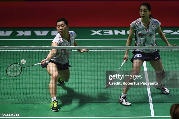 Misaki Matsutomo and Ayaka Takahashi of Japan compete against Yuki Fukushima and Sayaka Hirota of Japan during the Women's Doubles Semi-final match...