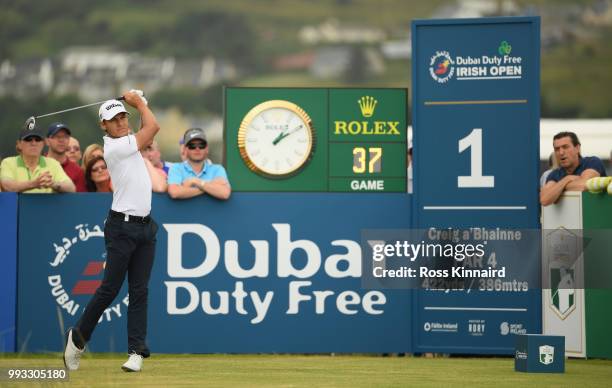 Joakim Lagergren of Sweden hits his tee-shot on the first hole during the third round of the Dubai Duty Free Irish Open at Ballyliffin Golf Club on...