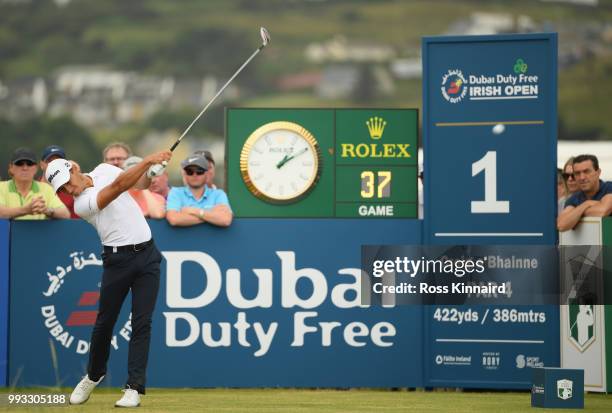 Joakim Lagergren of Sweden hits his tee-shot on the first hole during the third round of the Dubai Duty Free Irish Open at Ballyliffin Golf Club on...