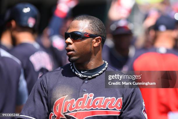 Rajai Davis of the Cleveland Indians looks on from the dugout during the game against the Detroit Tigers at Comerica Park on May 16, 2018 in Detroit,...