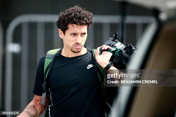 Brazil's defender Marquinhos leaves his team's hotel in Kazan on July 7 a day after the five-time champions crashed out of the Russia 2018 World Cup...