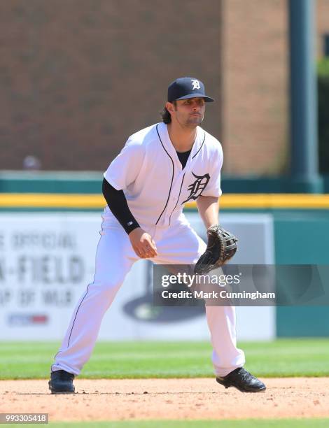 Pete Kozma of the Detroit Tigers fields during the game against the Cleveland Indians at Comerica Park on May 16, 2018 in Detroit, Michigan. The...