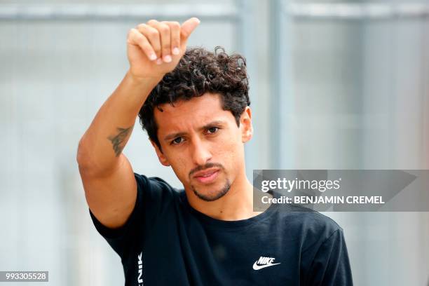 Brazil's defender Marquinhos leaves his team's hotel in Kazan on July 7 a day after the five-time champions crashed out of the Russia 2018 World Cup...