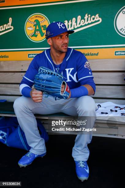 Paulo Orlando of the Kansas City Royals sits in the dugout prior to the game against the Oakland Athletics at the Oakland Alameda Coliseum on June...