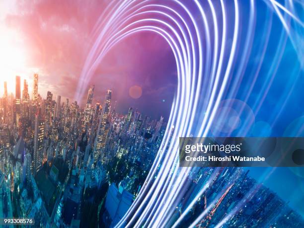 Planet shape panorama cityscape with light trail at dusk