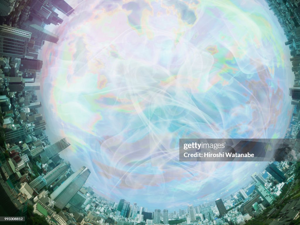 Planet shape panorama cityscape with light trail