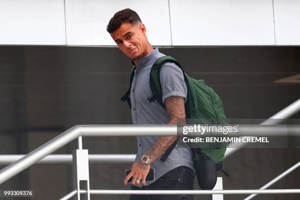 Brazil's forward Philippe Coutinho leaves his team's hotel in Kazan on July 7 a day after the five-time champions crashed out of the Russia 2018...