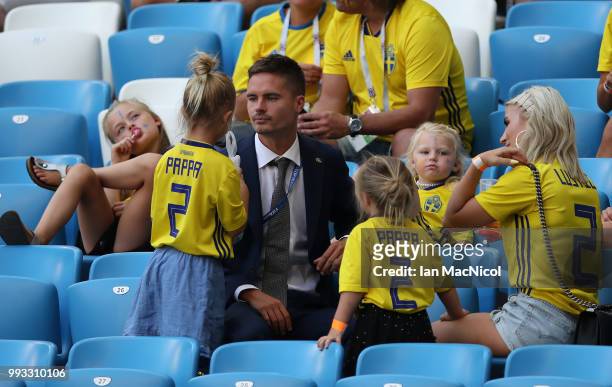 Mikael Lustig of Sweden is seen with his wife Josefin Johnsson during the 2018 FIFA World Cup Russia Quarter Final match between Sweden and England...