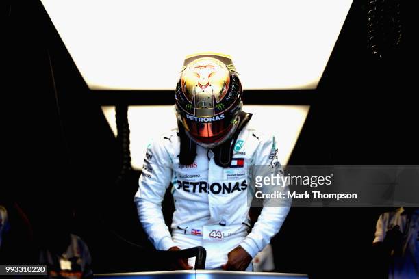 Lewis Hamilton of Great Britain and Mercedes GP prepares to drive during qualifying for the Formula One Grand Prix of Great Britain at Silverstone on...