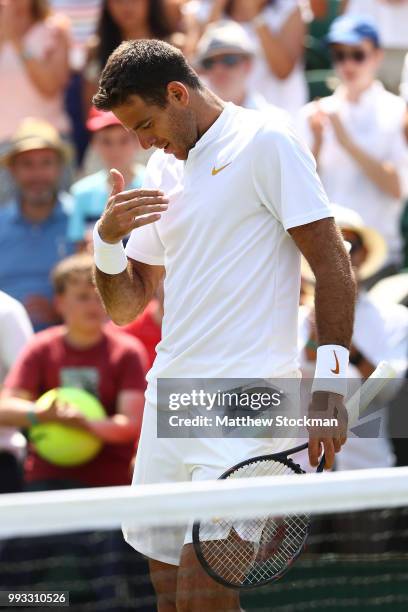 Juan Martin del Potro of Argentina celebrates after defeating Benoit Paire of France in their Men's Singles third round match on day six of the...