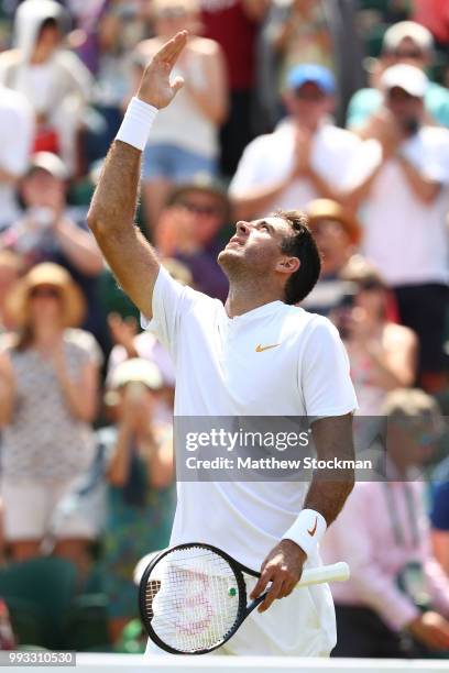 Juan Martin del Potro of Argentina celebrates after defeating Benoit Paire of France in their Men's Singles third round match on day six of the...