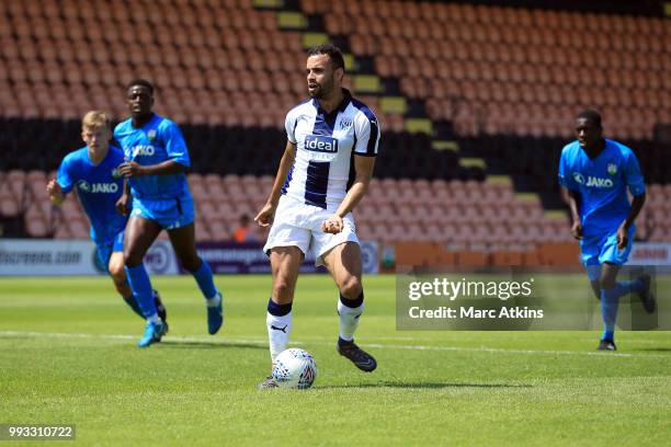 Hal Robson-Kanu of West Bromwich Albion scores a goal from the penalty spot during the Pre-season friendly between Barnet and West Bromwich Albion on...