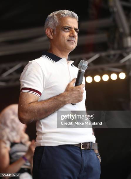 Mayor of London Sadiq Khan speaks on the Trafalgar Square Stage during Pride In London on July 7, 2018 in London, England. It is estimated over 1...