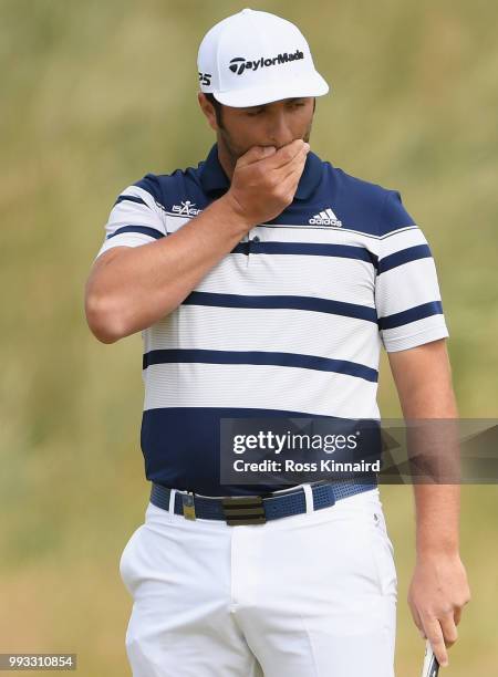 Jon Rahm of Spain reacts after a missed putt on the seventh hole during the third round of the Dubai Duty Free Irish Open at Ballyliffin Golf Club on...