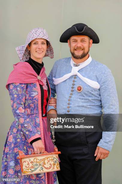 Marcella Langedijk and Bram Eekma of 'Aald Hielpen a traditional Dutch Folk Dancing team both pose for a picture at the 25th Sheringham Potty...