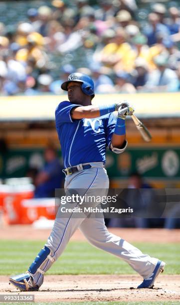 Salvador Perez of the Kansas City Royals bats during the game against the Oakland Athletics at the Oakland Alameda Coliseum on June 10, 2018 in...