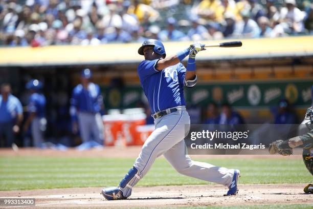 Salvador Perez of the Kansas City Royals bats during the game against the Oakland Athletics at the Oakland Alameda Coliseum on June 10, 2018 in...