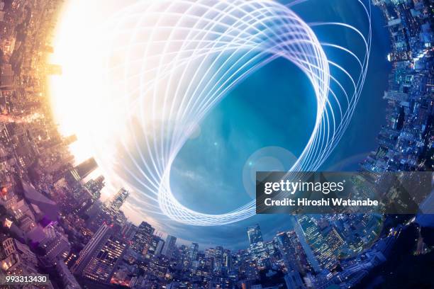 planet shape panorama cityscape with light trail at dusk - global and technology and business stock-fotos und bilder